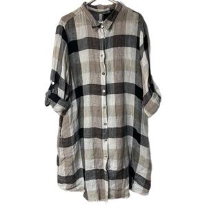 Match Point Linen Plaid Button Down Shirt Dress Tunic Size M Black Tan White